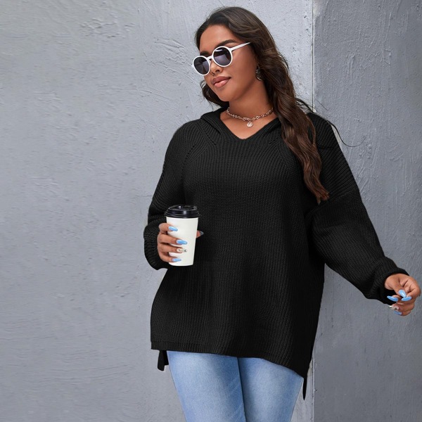 

Plus Drop Shoulder High Low Hooded Sweater, Black
