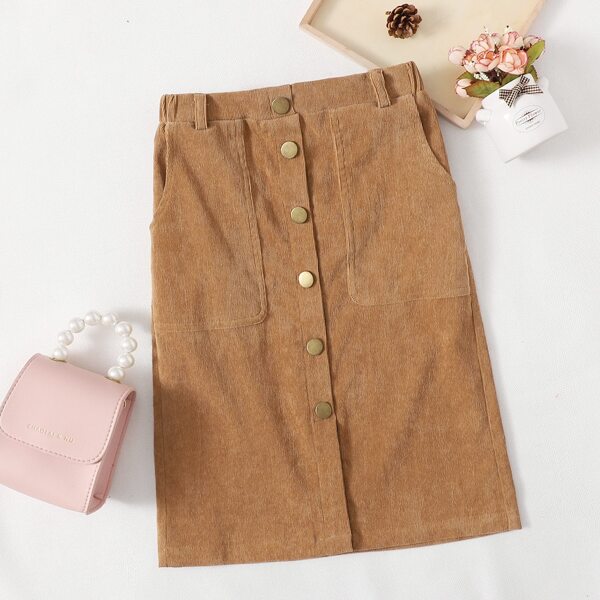 

Girls Button Front Patch Pocket Cord Skirt, Brown