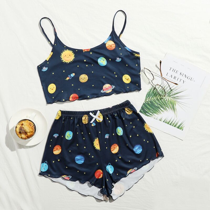 Galaxy Print Lettuce Trim Cami PJ Set, Navy blue