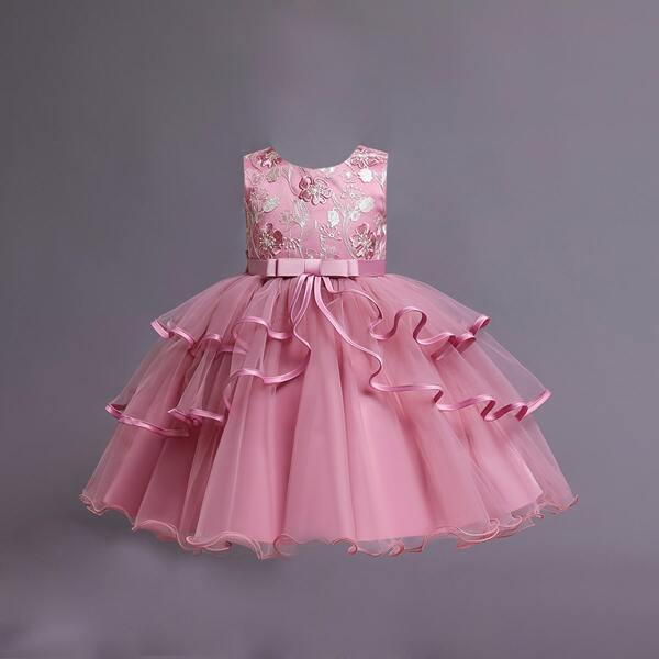 

Toddler Girls Tie Back Floral Embroidery Gown Dress, Dusty pink