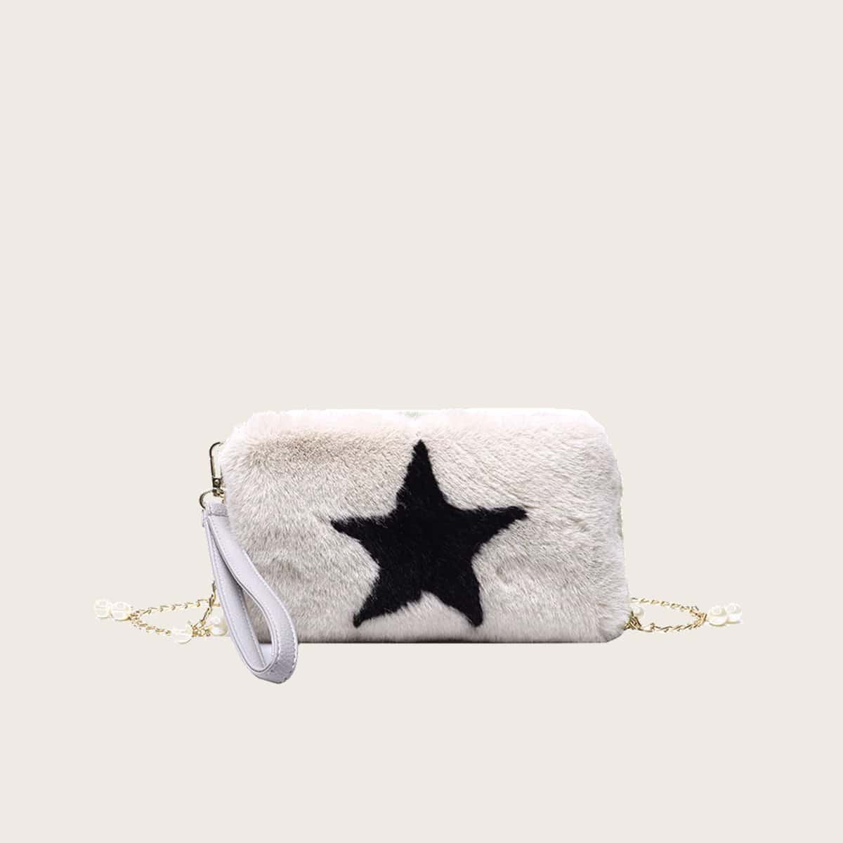 

Star Fluffy Crossbody Bag, Black and white