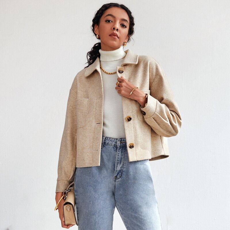 

Single Breasted Patch Pocket Wool-Mix-Fabric Jacket, Apricot