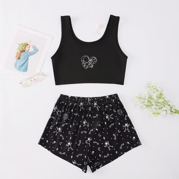 

Cartoon Astronaut Print PJ Set, Black
