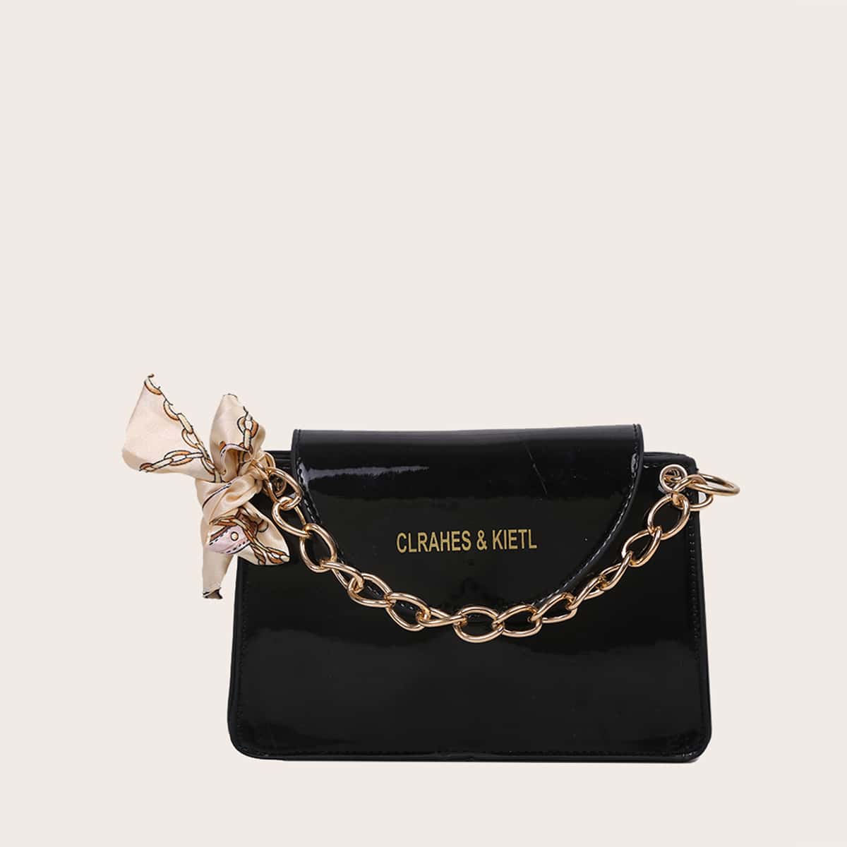 

Scarf Tie Chain Satchel Bag, Black