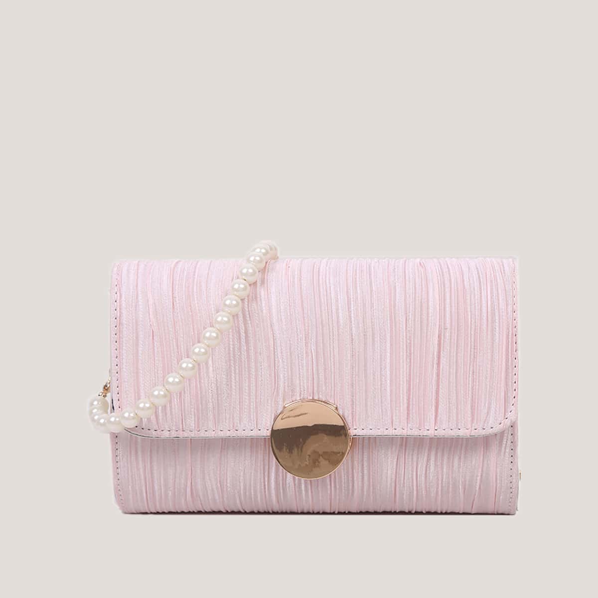 

Faux Pearl Strap Pleated Shoulder Bag, Baby pink