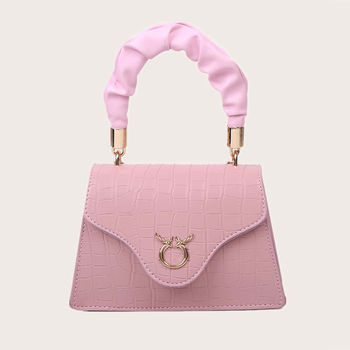 

Ruched Handle Croc Satchel Bag, Baby pink