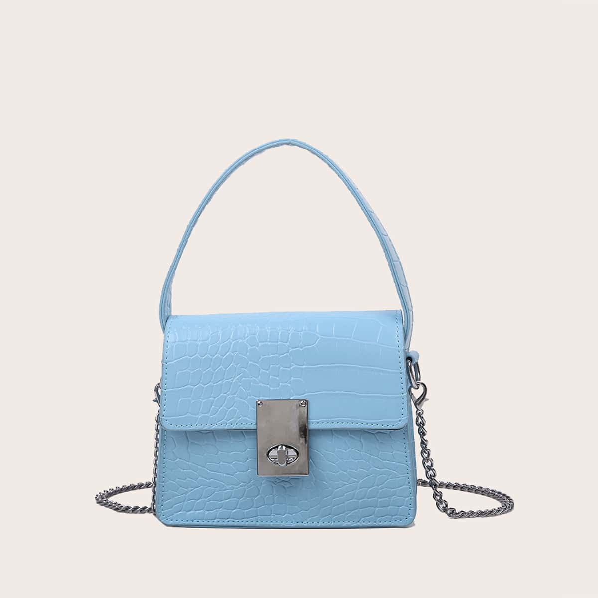 Croc Embossed Chain Satchel Bag, Baby blue