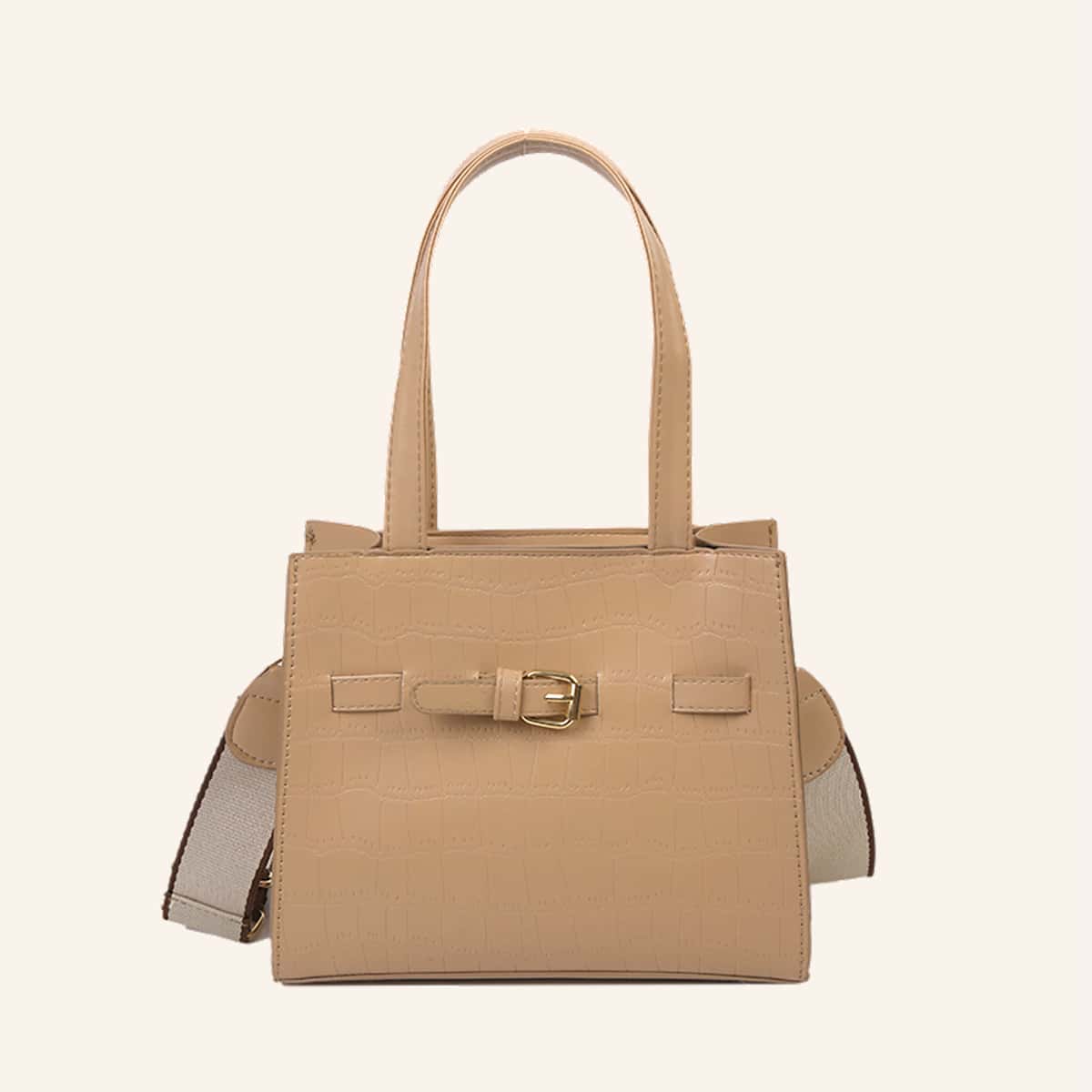 

Croc Embossed Buckle Satchel Bag, Khaki
