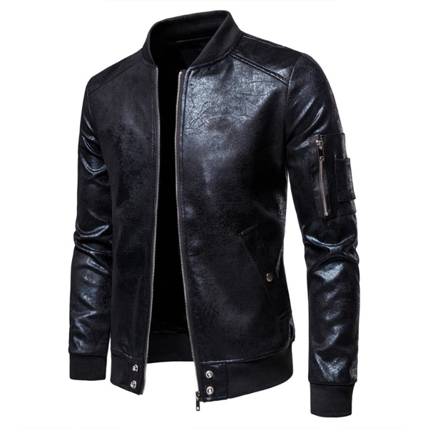 

Men PU Leather Zip Detail Bomber Jacket, Black