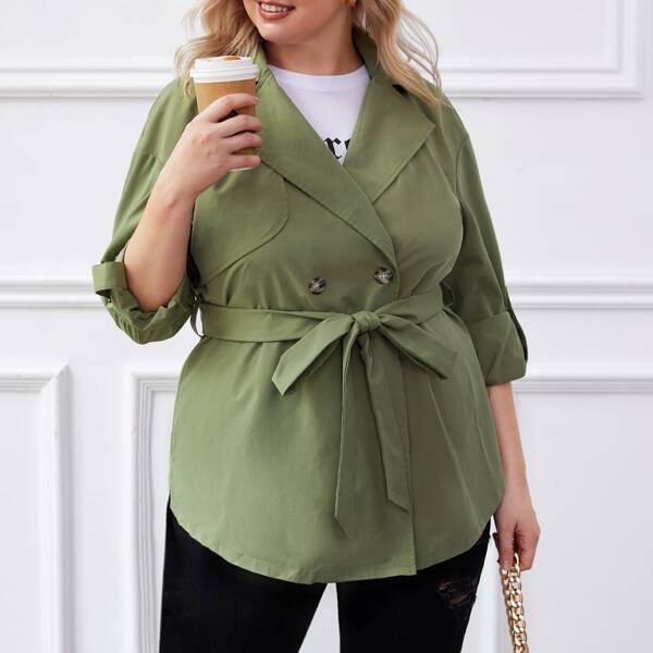 

Plus Double Button Curved Hem Belted Trench Coat, Army green