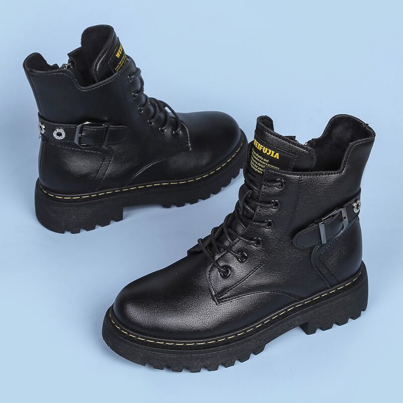 

Buckle Lace-up Combat Boots, Black