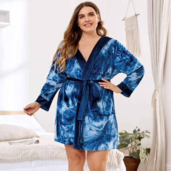 

Plus Tie Dye Belted Velvet Robe, Blue