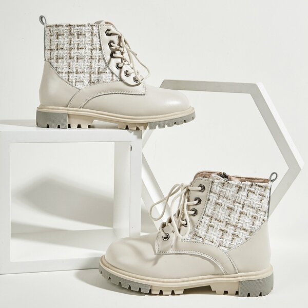 

Toddler Girls Tweed Detail Lace-up Front Combat Boots, Beige