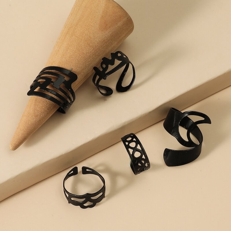 

5pcs Hollow Out Moon Design Ring, Black