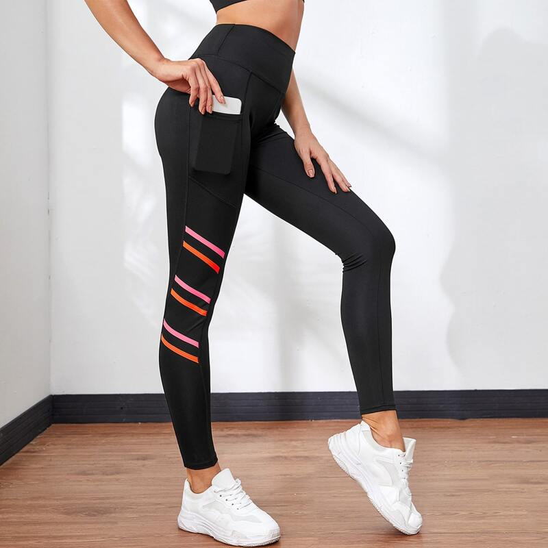 

Stripe Tape Sports Leggings & Phone Pocket, Black
