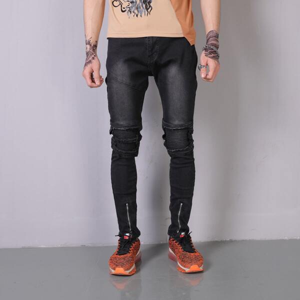 

Men Ribbed Knee Zipper Detail Skinny Jeans, Black