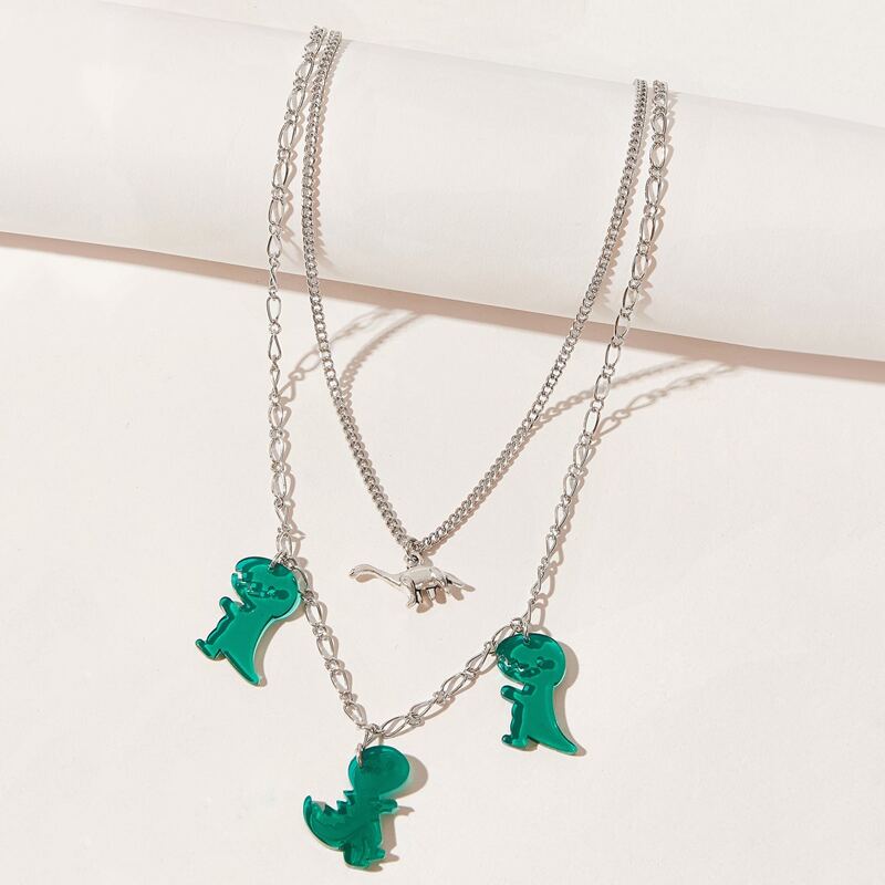 

Cartoon Dinosaur Layered Chain Necklace, Silver