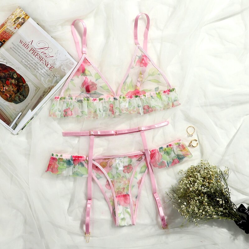 

Floral Print Mesh Garter Lingerie Set, Multicolor