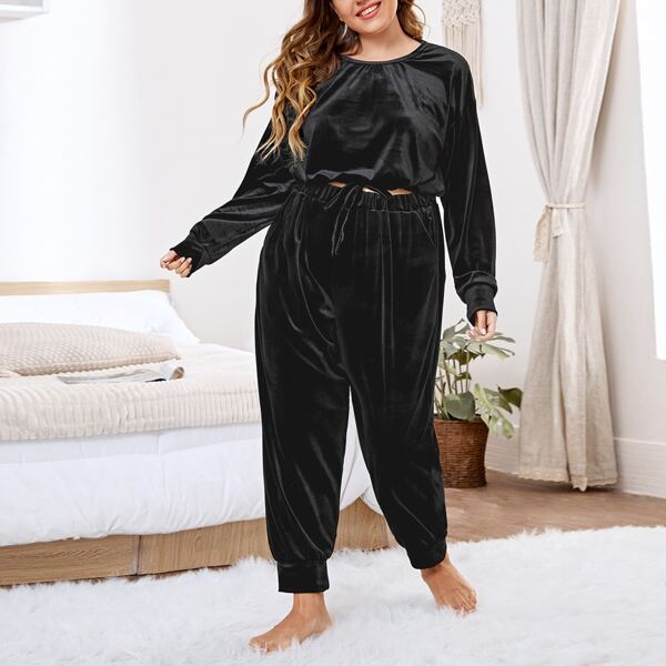

Plus Drop Shoulder Velvet Top & Drawstring Waist Pants PJ Set, Black