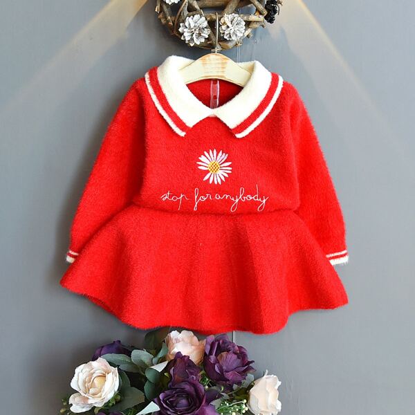 

Toddler Girls Floral Embroidery Sweater & Knit Skirt, Red