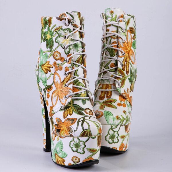 

Floral Embroidery Lace-up Front Stiletto Heeled Boots, White