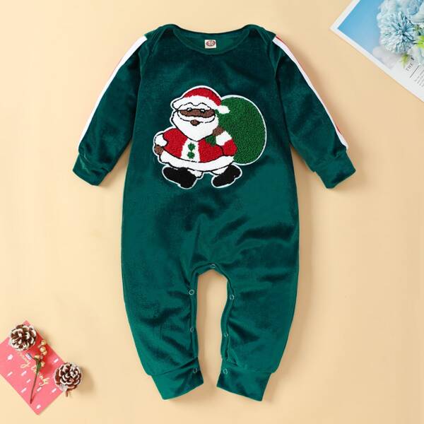 

Baby Boy Velvet Christmas Patched Jumpsuit, Dark green