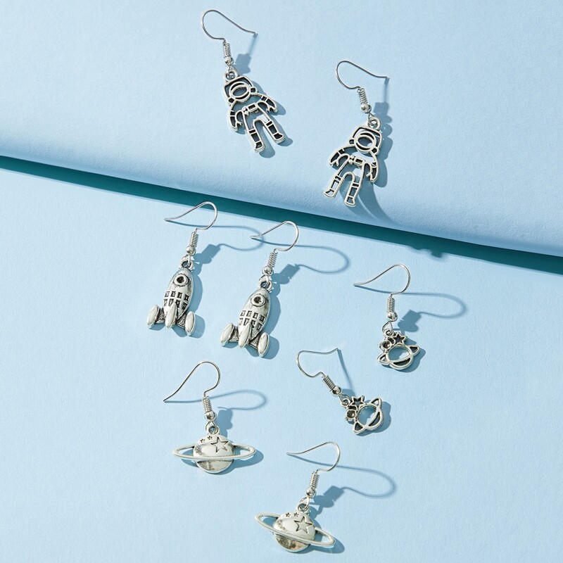 

4pairs Astronaut & Galaxy Drop Earrings, Silver