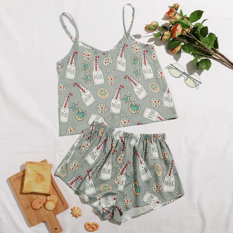 

Cartoon Graphic Cami Pajama Set, Grey