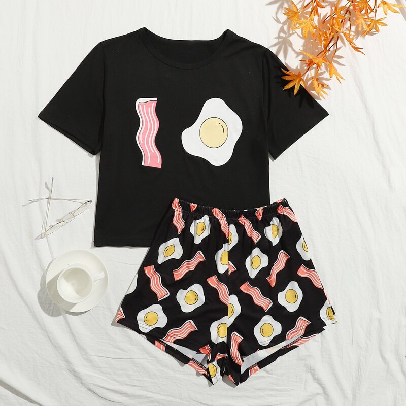 

Cartoon Graphic Tee & Shorts Pajama Set, Black