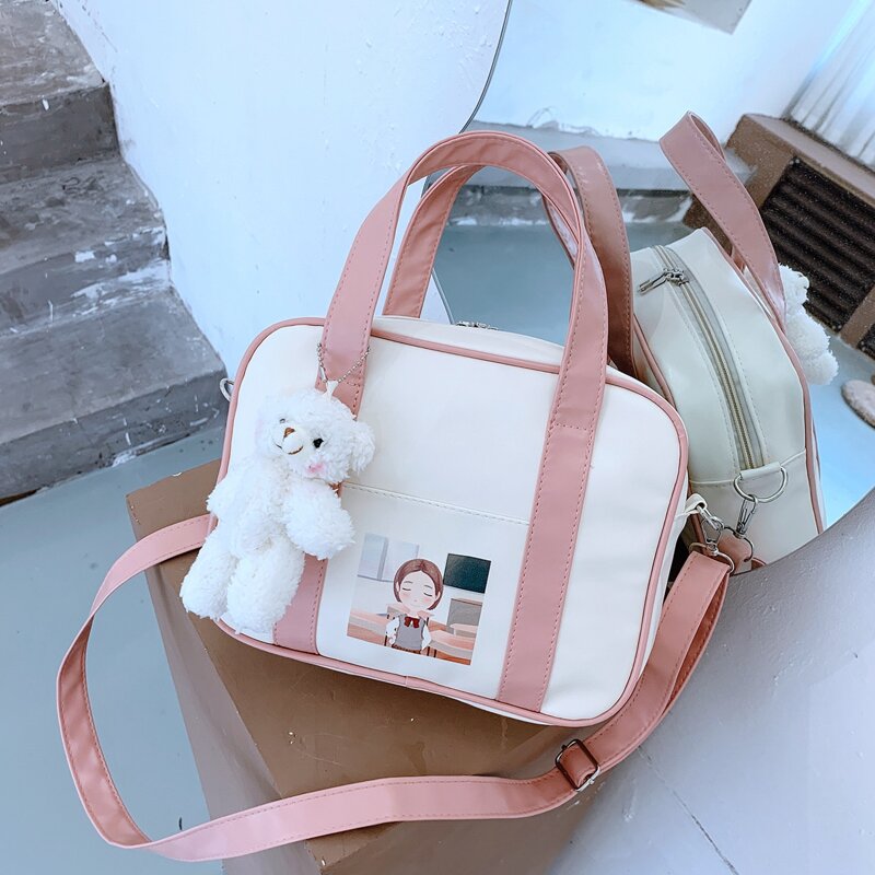 

Cartoon Figure Satchel Bag & Bear Bag Charm, Multicolor