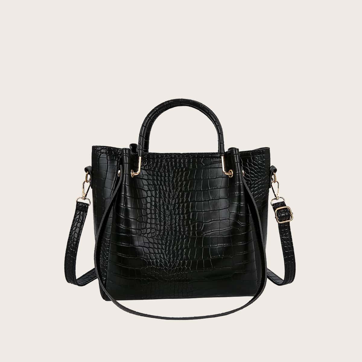 

Croc Embossed Ring Handle Satchel Bag, Black