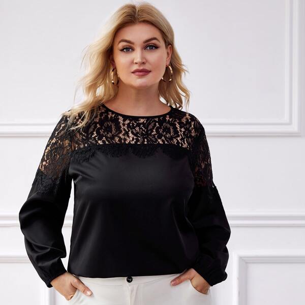 

Plus Solid Contrast Lace Blouse, Black