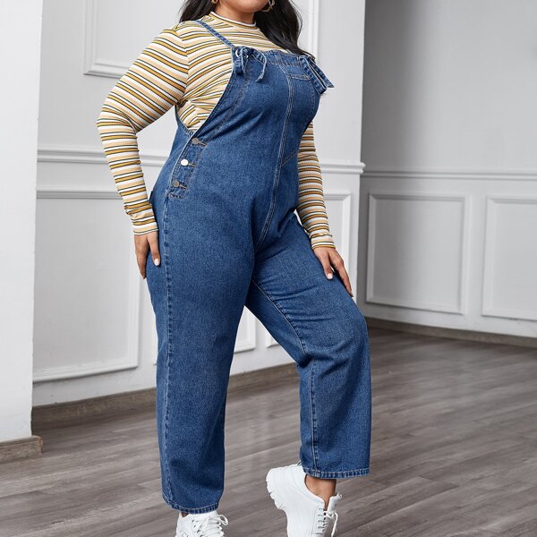 

Plus Knot Strap Buttoned Detail Denim Jumpsuit, Medium wash