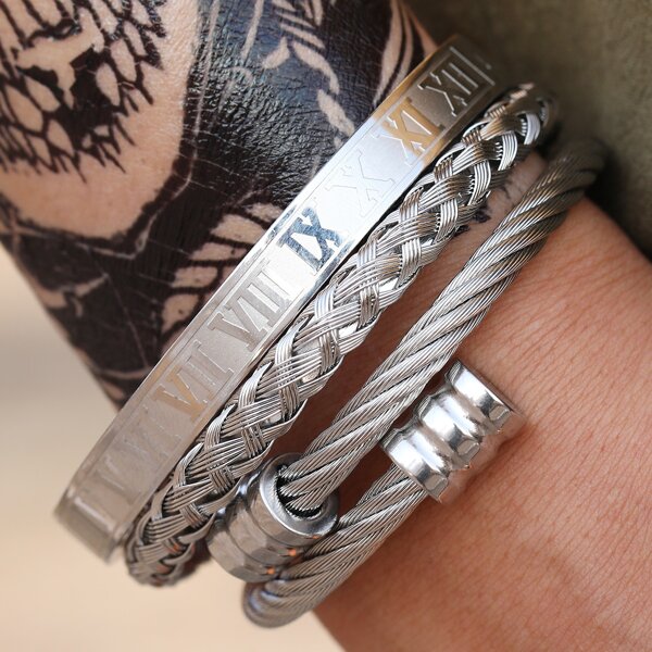 

3pcs Men Metal Braided Design Bracelet, Silver