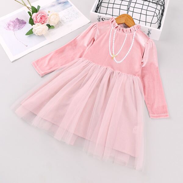 

Toddler Girls Necklace Print Mesh Hem Dress, Baby pink