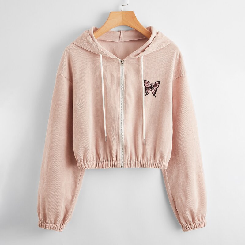 

Butterfly Graphic Corduroy Zip Up Jacket, Baby pink