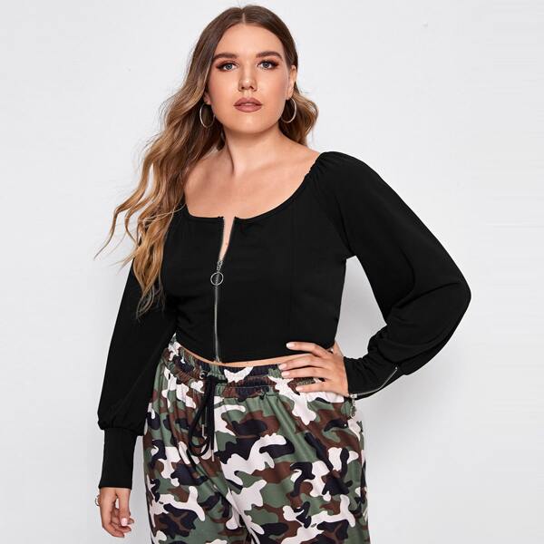 

Plus Scoop Neck Zipper Front Top, Black