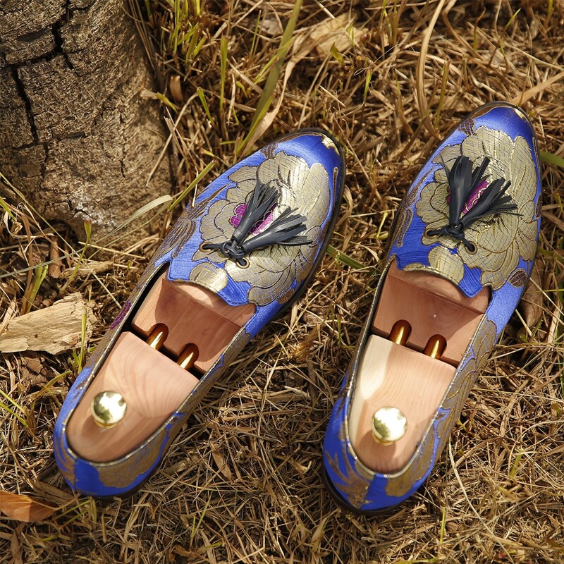 

Guys Tassel Decor Floral Embroidery Dress Shoes, Blue