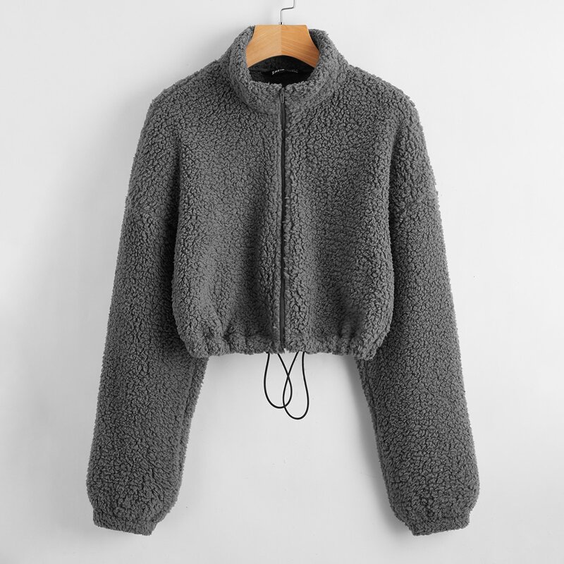 

Drop Shoulder Drawstring Hem Teddy Jacket, Dark grey