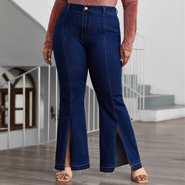 

Plus High Waist Split Hem Flare Leg Jeans, Dark wash