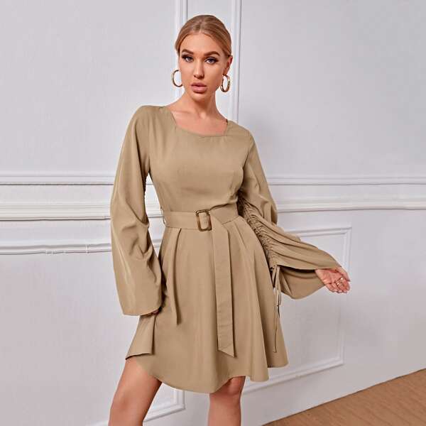 

Sweetheart Neck Drawstring Knot Sleeve Buckle Belted Dress, Khaki