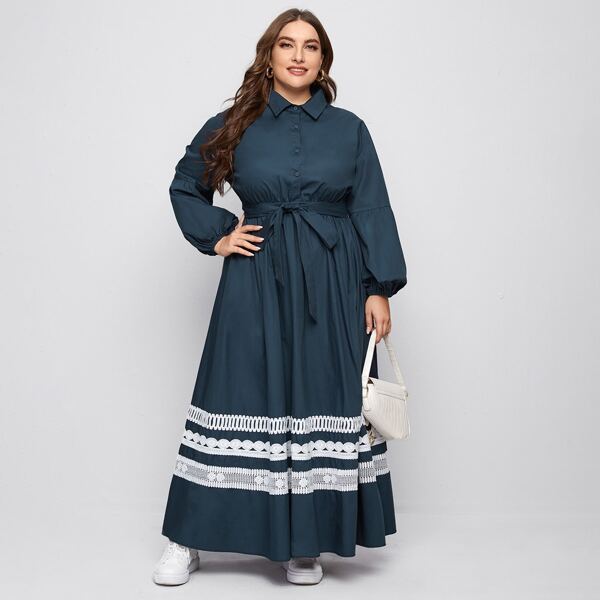 

Plus Lantern Sleeve Guipure Lace Panel Belted Shirt Dress, Dusty blue