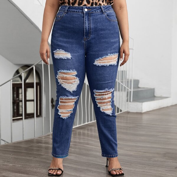 

Plus High Waist Ripped Jeans, Dark wash