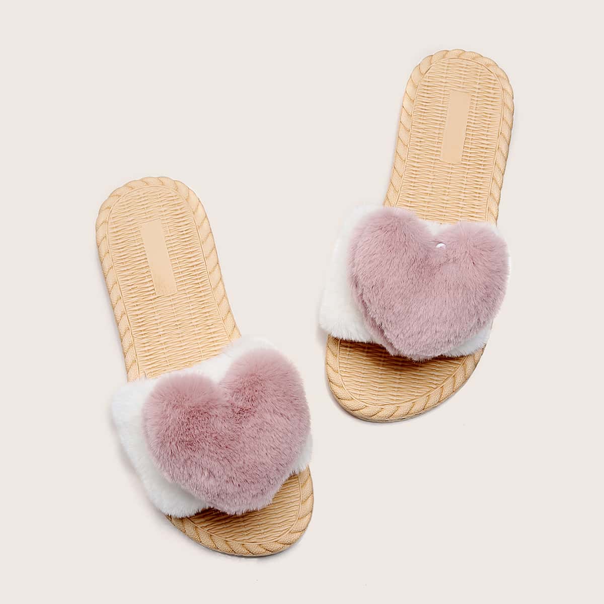 

Faux Fur Heart Detail Slippers, White