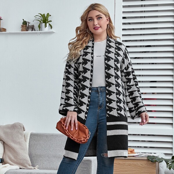 

Plus Houndstooth Pattern Open Front Cardigan, Multicolor