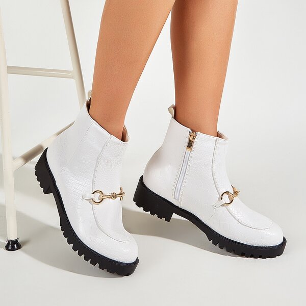 

Metal Decor Snakeskin Print Boots, White