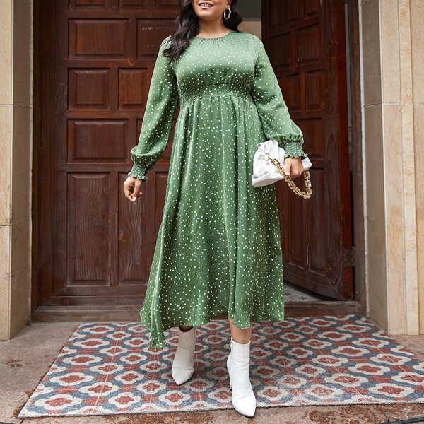 

Plus Polka Dot Shirred Waist A-line Dress, Green