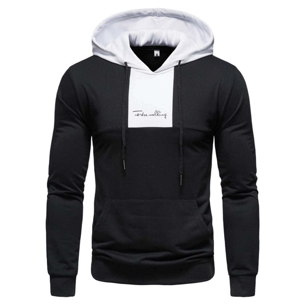 

Men Letter Graphic Drawstring Contrast Hooded Sweatshirt, Black