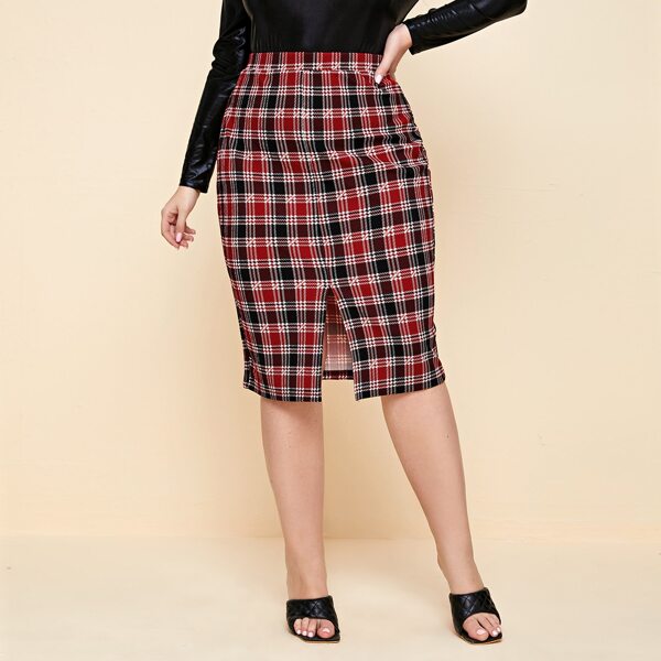 

Plus Split Hem Plaid Skirt, Multicolor
