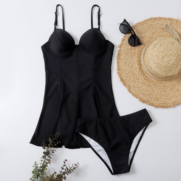 

Ruffle Hem Push Up Underwire Bikini Swimsuit, Black